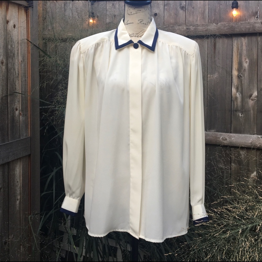 Evan Picone • Vintage Navy Accent Trim Button Down Mom Blouse 14W Ivory